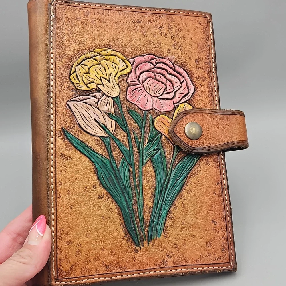 Hand Tooled & Painted Journel Cover Heavy Duty Leather Roses Flowers